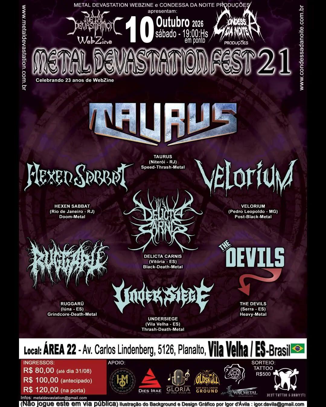 Flyer do Metal Devastation Fest 21, em 10 de outubro de 2026 na Área 22, em Vila Velha, com a Undersiege no line-up