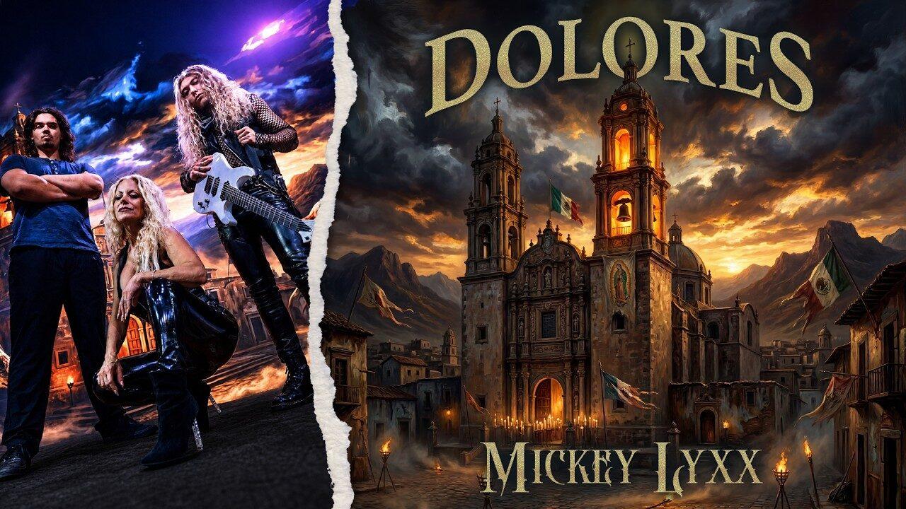 Arte do clipe de Dolores, de Mickey Lyxx: a banda tocando de um lado e a igreja de Dolores, no México, do outro